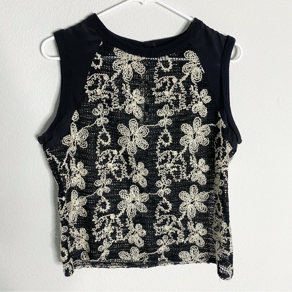 Search For Sanity Knit Mesh Black Floral Crochet Blouse Shirt Size Small